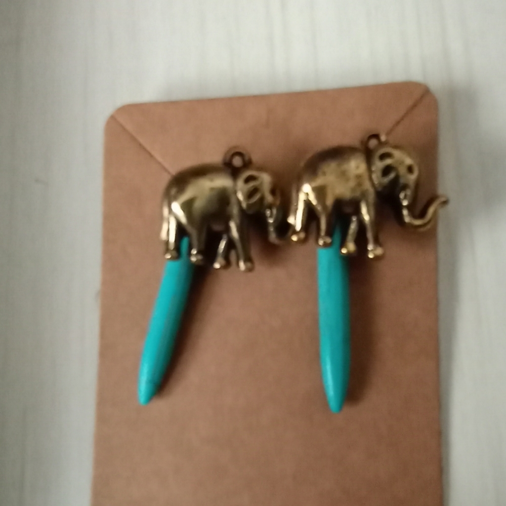 Gold elephant boho turquoise gemstone statement earrings hand crafted